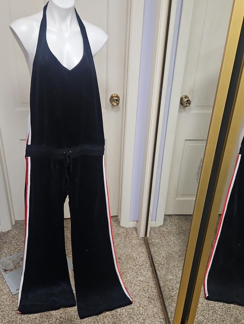80s Disco Vintage Black Velvet Halter Jumpsuit with Racing Car Stripes